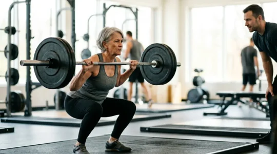 Senior adult performing controlled barbell squat with professional supervision in modern gym setting