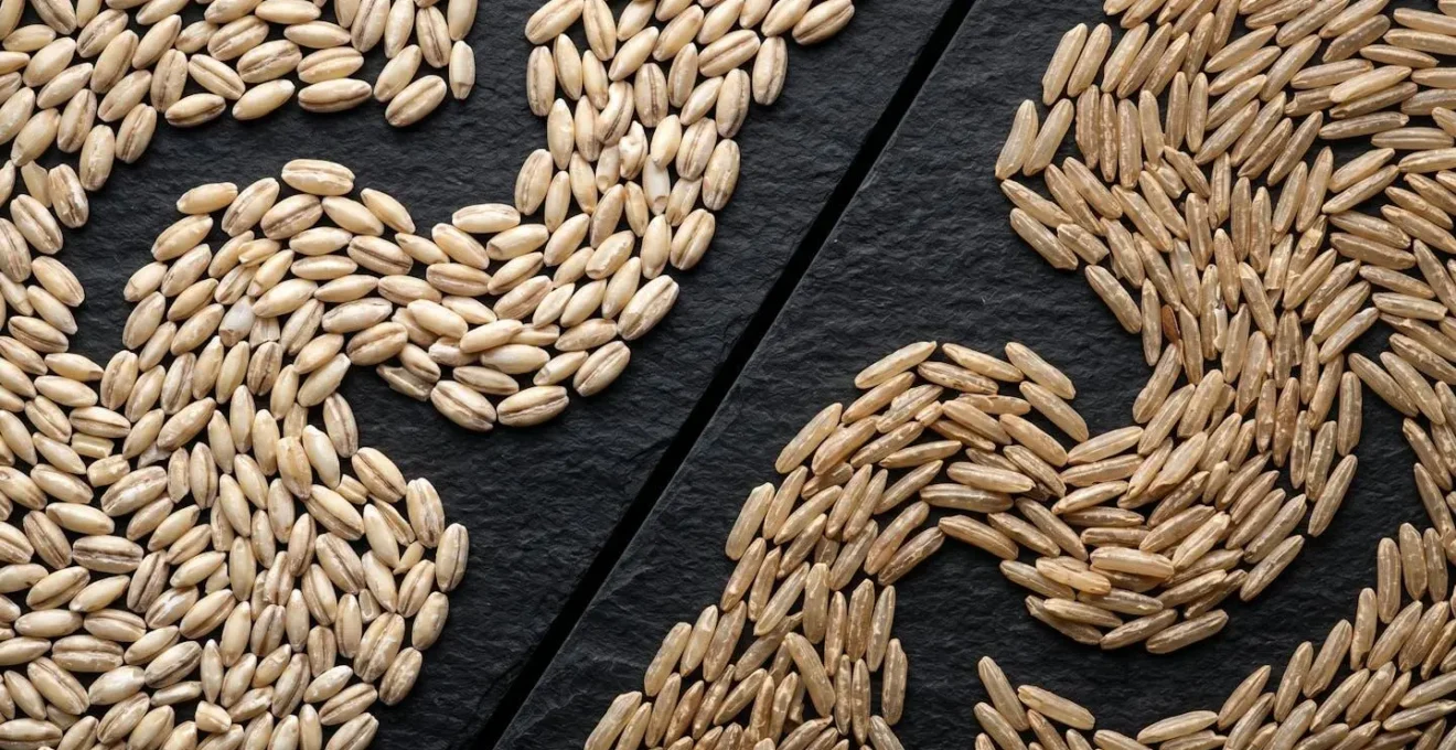 Macro photography comparing pearl barley and brown rice textures with energy visualization