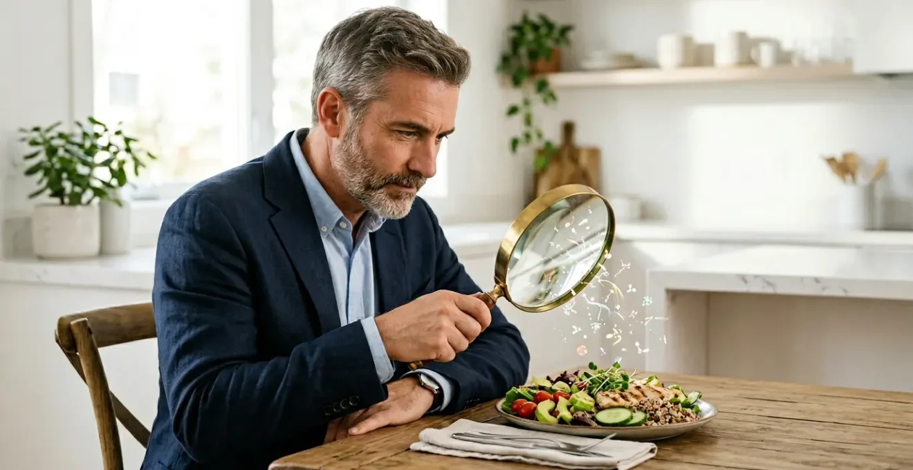 Person examining healthy meal with magnifying glass revealing missing nutrients