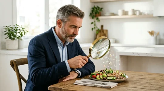 Person examining healthy meal with magnifying glass revealing missing nutrients