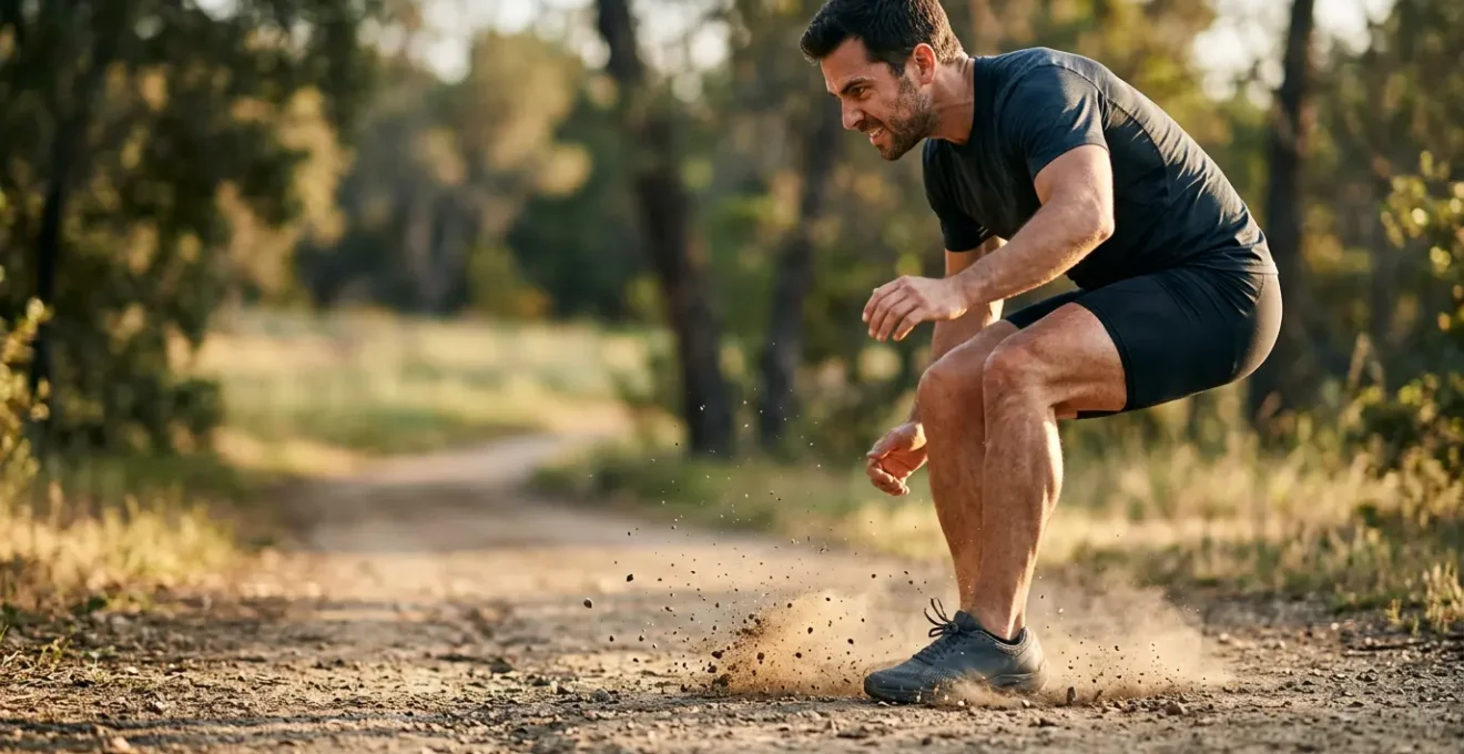 Professional photograph showing athletic person performing powerful vertical jump landing on outdoor surface demonstrating bone-loading impact exercise