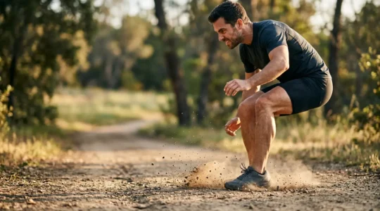 Professional photograph showing athletic person performing powerful vertical jump landing on outdoor surface demonstrating bone-loading impact exercise
