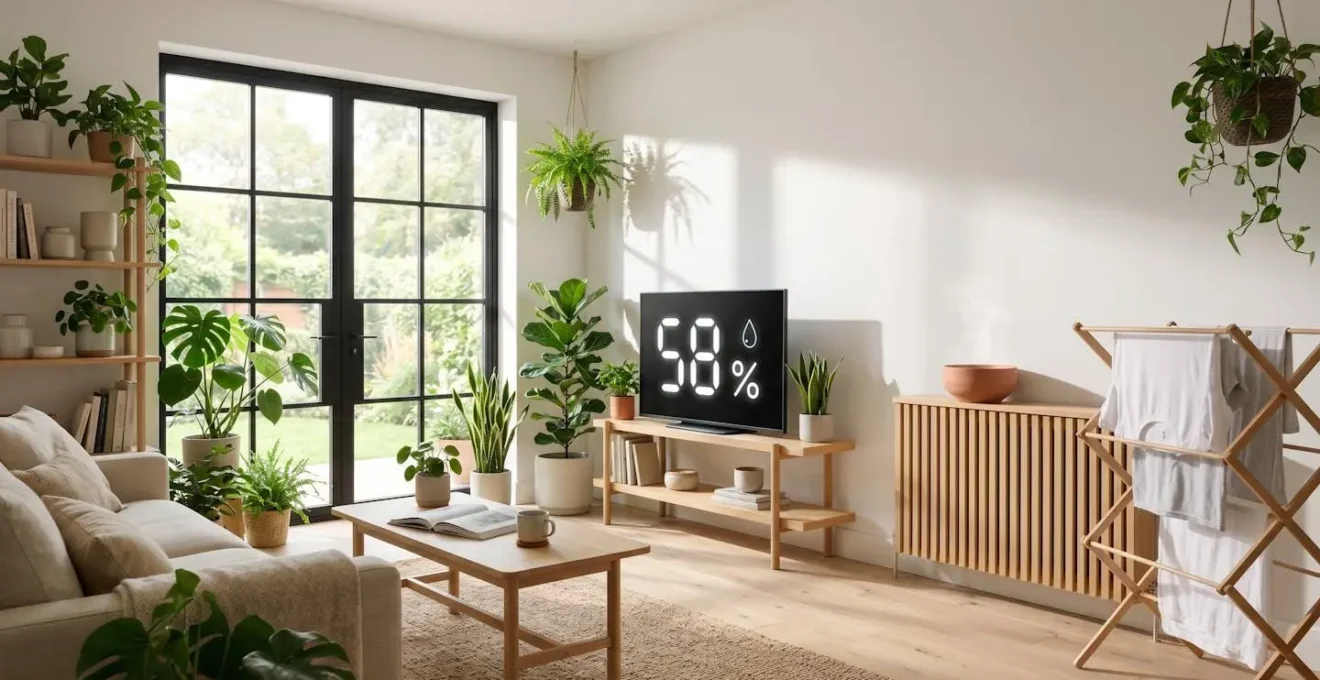 Living room with digital hygrometer showing optimal humidity level and natural humidity sources