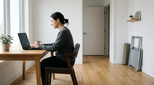 Remote worker experiencing physical strain from prolonged desk work