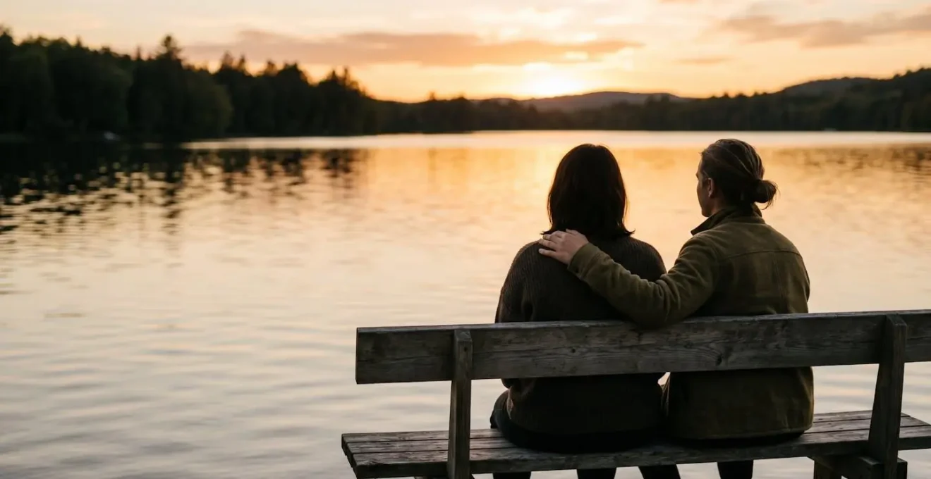 Two people sitting together on a bench overlooking nature, demonstrating supportive connection.