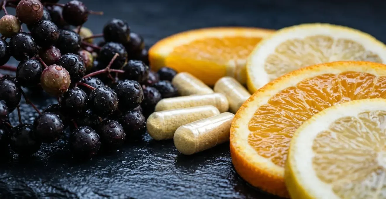 Macro shot of immune-boosting foods and supplements including elderberries and citrus fruits