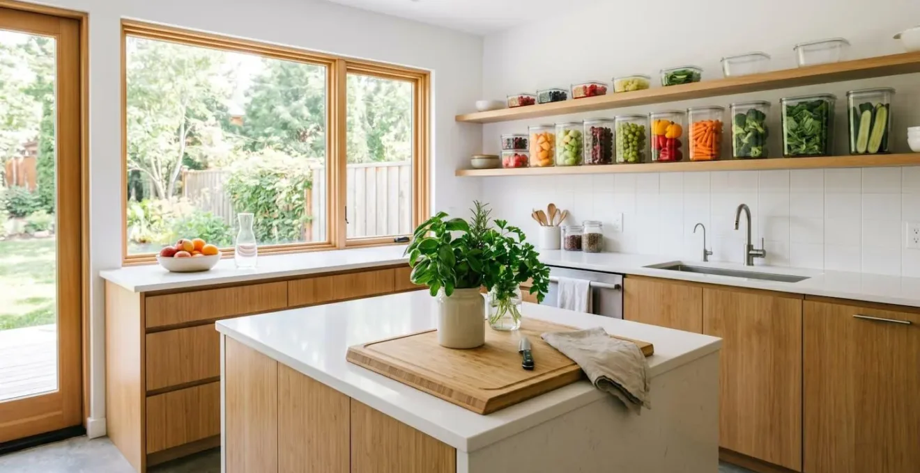 Modern kitchen counter with glass containers of fresh produce arranged at eye level