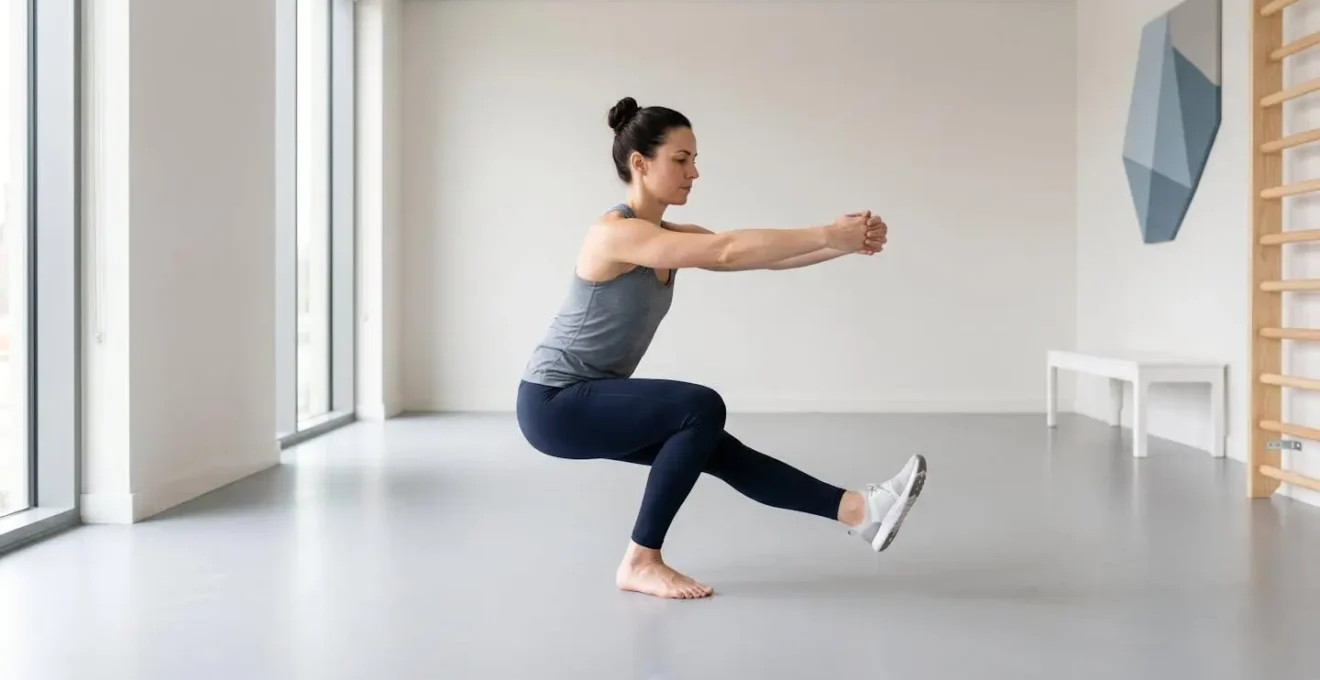 Person performing controlled knee bend exercise in clinical setting