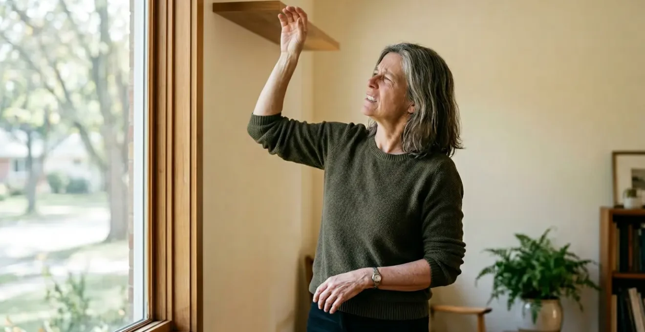 Human figure demonstrating restricted joint movement and mobility limitations