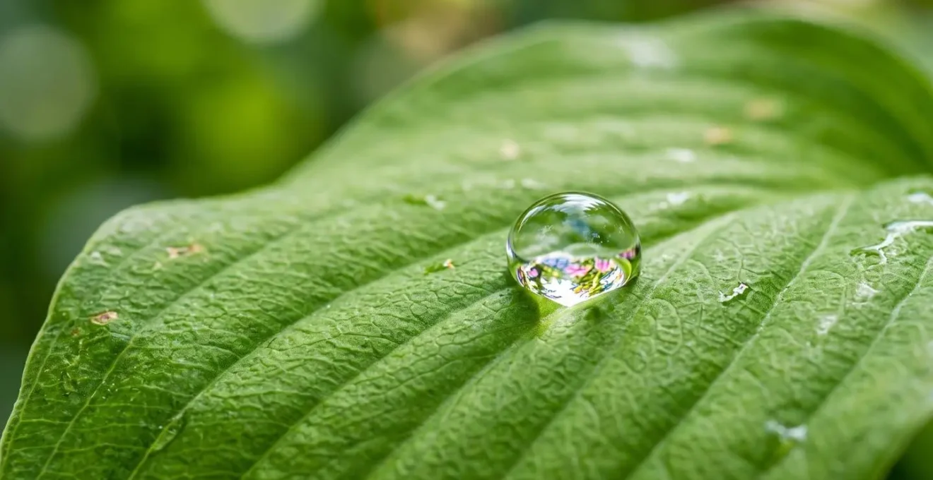 Extreme close-up of a single water droplet on a green leaf showing detailed reflection