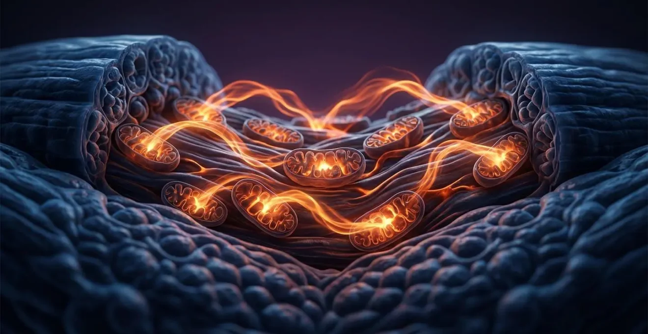 Metabolic activity within muscle fibers showing mitochondrial energy production