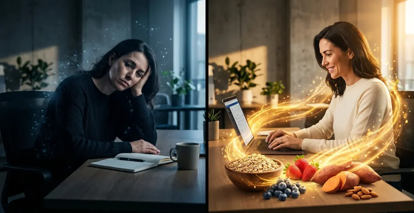 Woman experiencing energy levels throughout the day with healthy carbohydrate foods and metabolic visualization