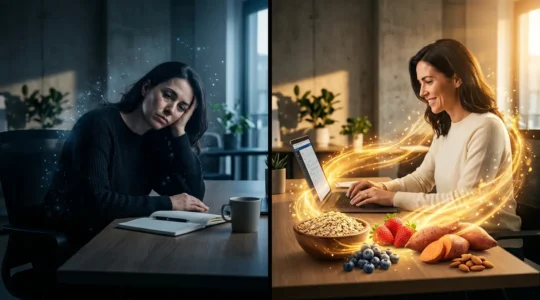 Woman experiencing energy levels throughout the day with healthy carbohydrate foods and metabolic visualization