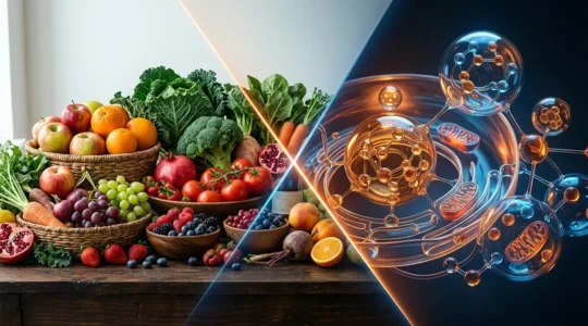 Editorial photo showing split composition of metabolic health indicators contrasting with normal body weight appearance