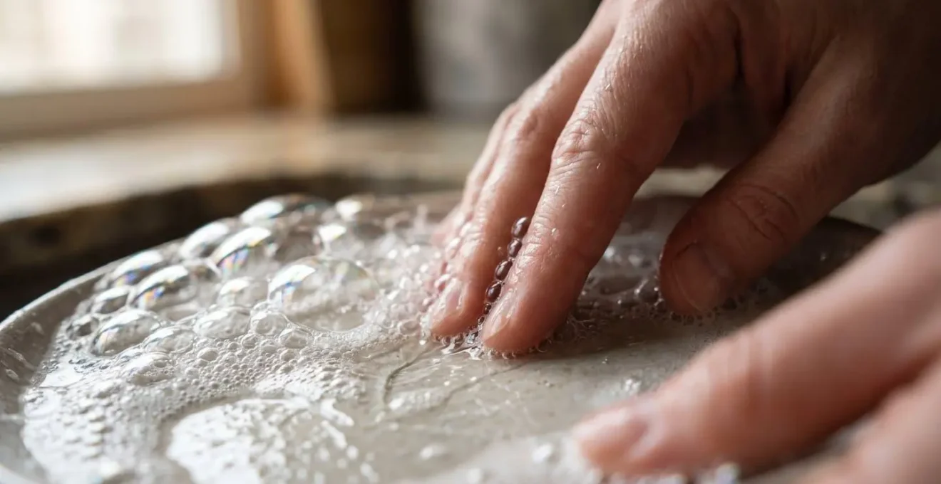 Close-up of hands washing dishes with focus on water and soap textures