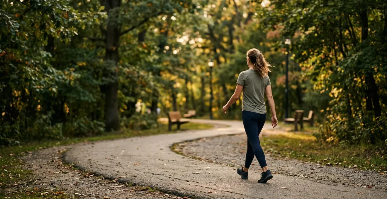 Person practicing walking meditation in urban park setting with natural surroundings