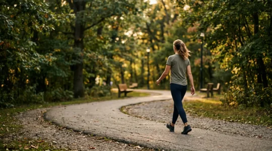 Person practicing walking meditation in urban park setting with natural surroundings