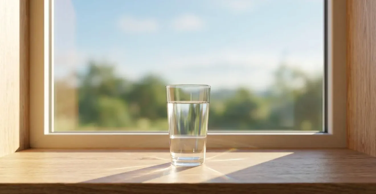Simple morning scene with glass of water on windowsill bathed in soft morning light