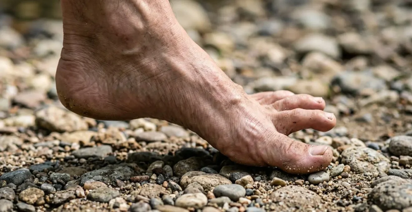 Close-up of bare foot making contact with natural textured ground surface