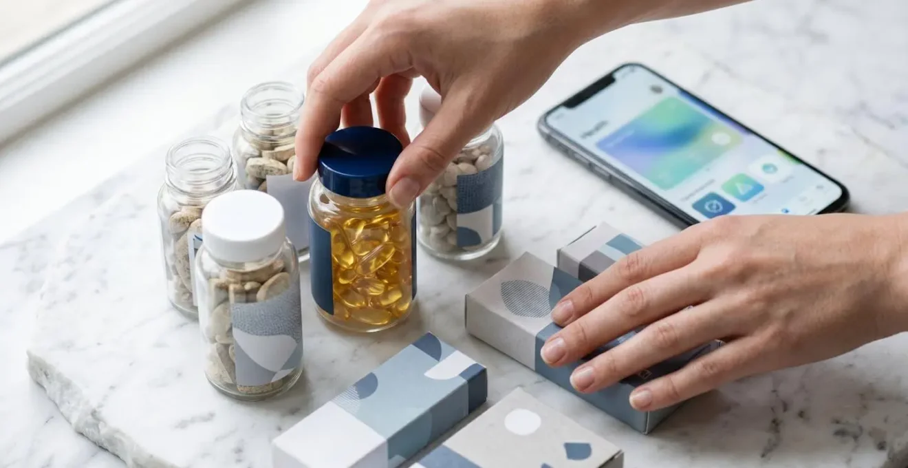 Hands organizing health testing kits and supplement bottles on minimalist table