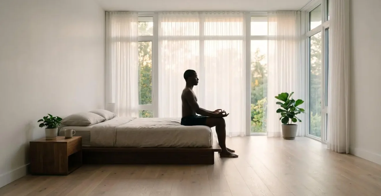 Person sitting on the edge of a bed in a serene, sunlit room, calmly measuring their morning HRV before starting the day.