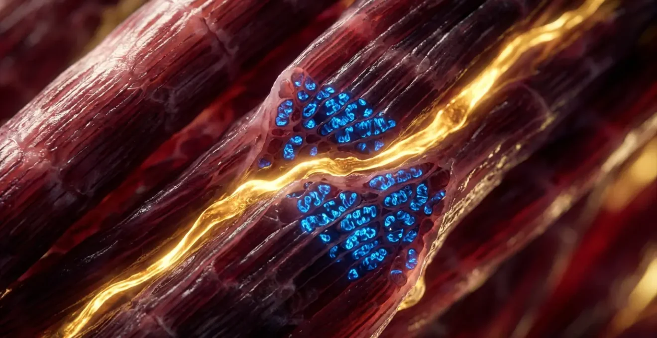 Cross-section of muscle fibers showing glucose metabolism and insulin sensitivity