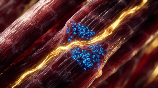 Cross-section of muscle fibers showing glucose metabolism and insulin sensitivity