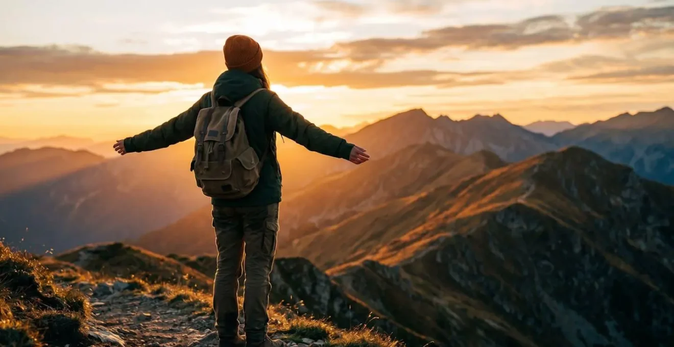 Person hiking on mountain trail with expansive natural vista