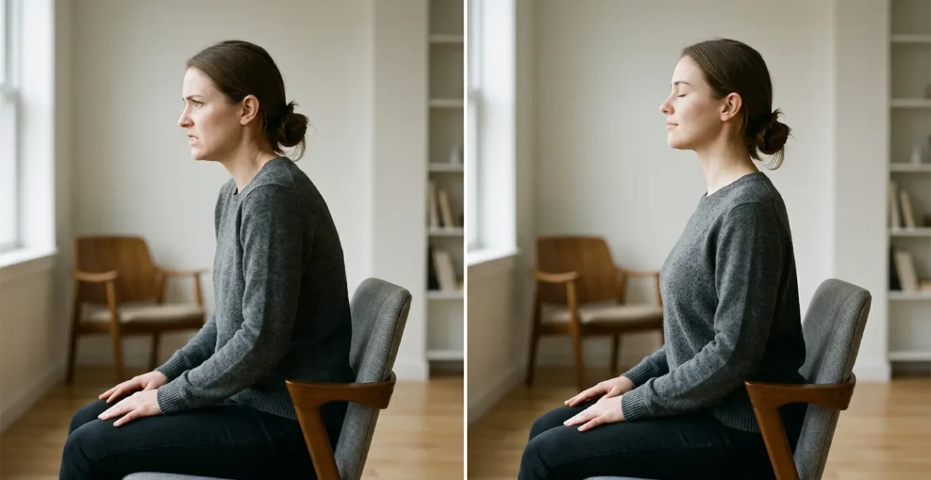 Person in stressed posture transitioning to calm state through breathing techniques