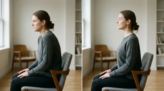 Person in stressed posture transitioning to calm state through breathing techniques