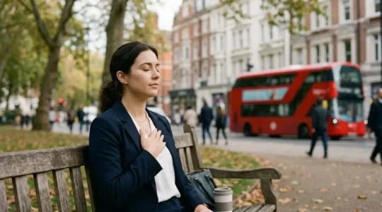 Person finding stillness amidst daily UK commute stress