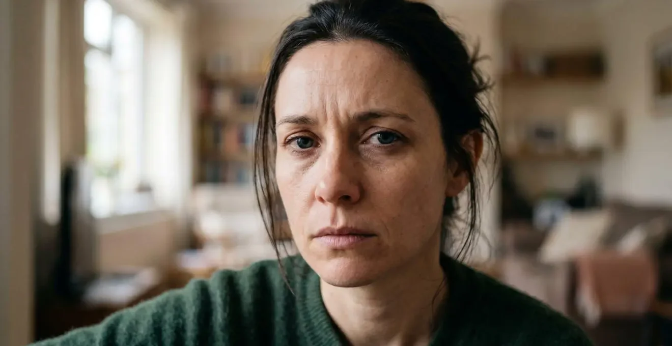 A close-up portrait showing the subtle facial tension of a person whose nervous system is in a high-alert state.