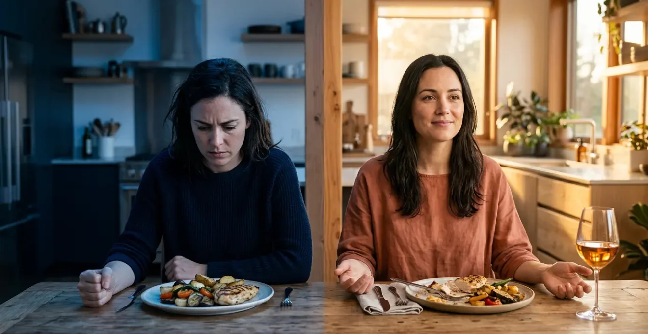 Person in meditative pose with visible nervous system pathways highlighted, showing the contrast between stressed and calm states