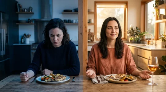 Person in meditative pose with visible nervous system pathways highlighted, showing the contrast between stressed and calm states