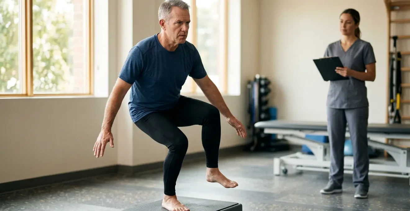 Person performing balance test in medical setting showing neural coordination assessment