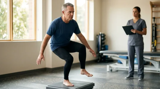 Person performing balance test in medical setting showing neural coordination assessment