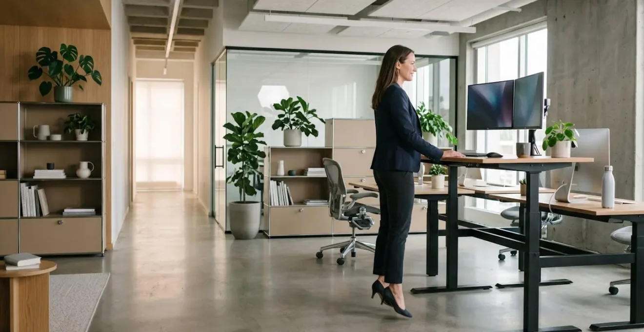 Professional doing subtle desk stretches and calf raises in modern office space