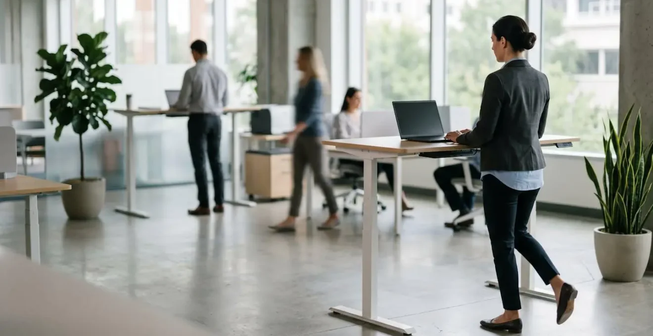 Office worker performing subtle exercises like calf raises at a standing desk in a modern office.