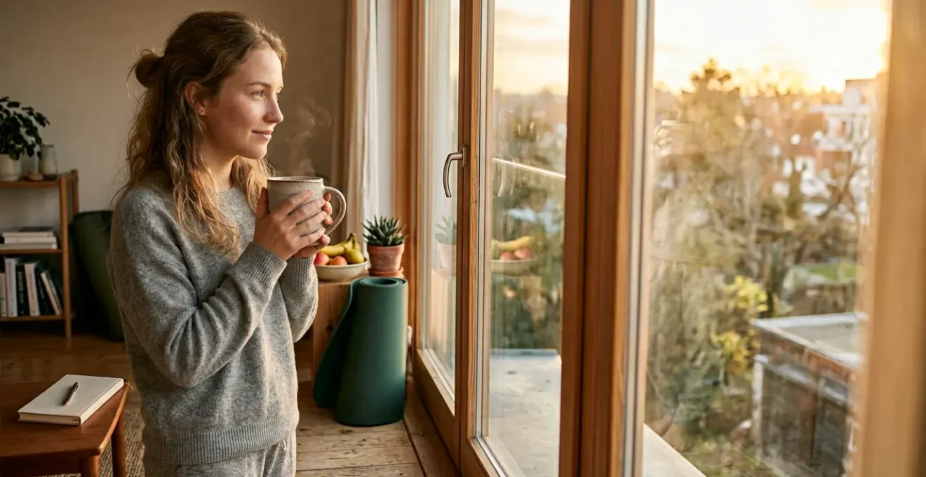 Person in comfortable clothing standing by window with morning sunlight streaming in, holding warm cup with both hands