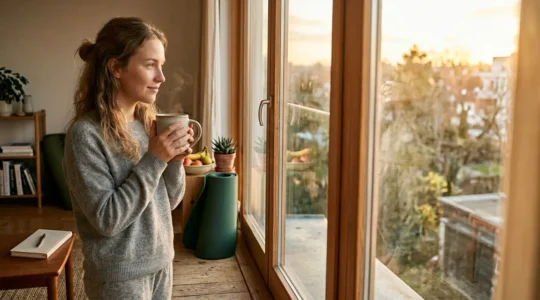 Person in comfortable clothing standing by window with morning sunlight streaming in, holding warm cup with both hands