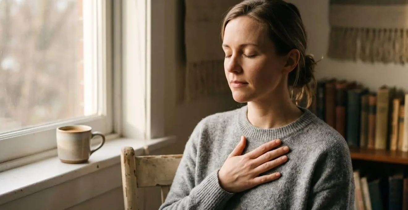 Person in calm morning setting practicing mindful body awareness