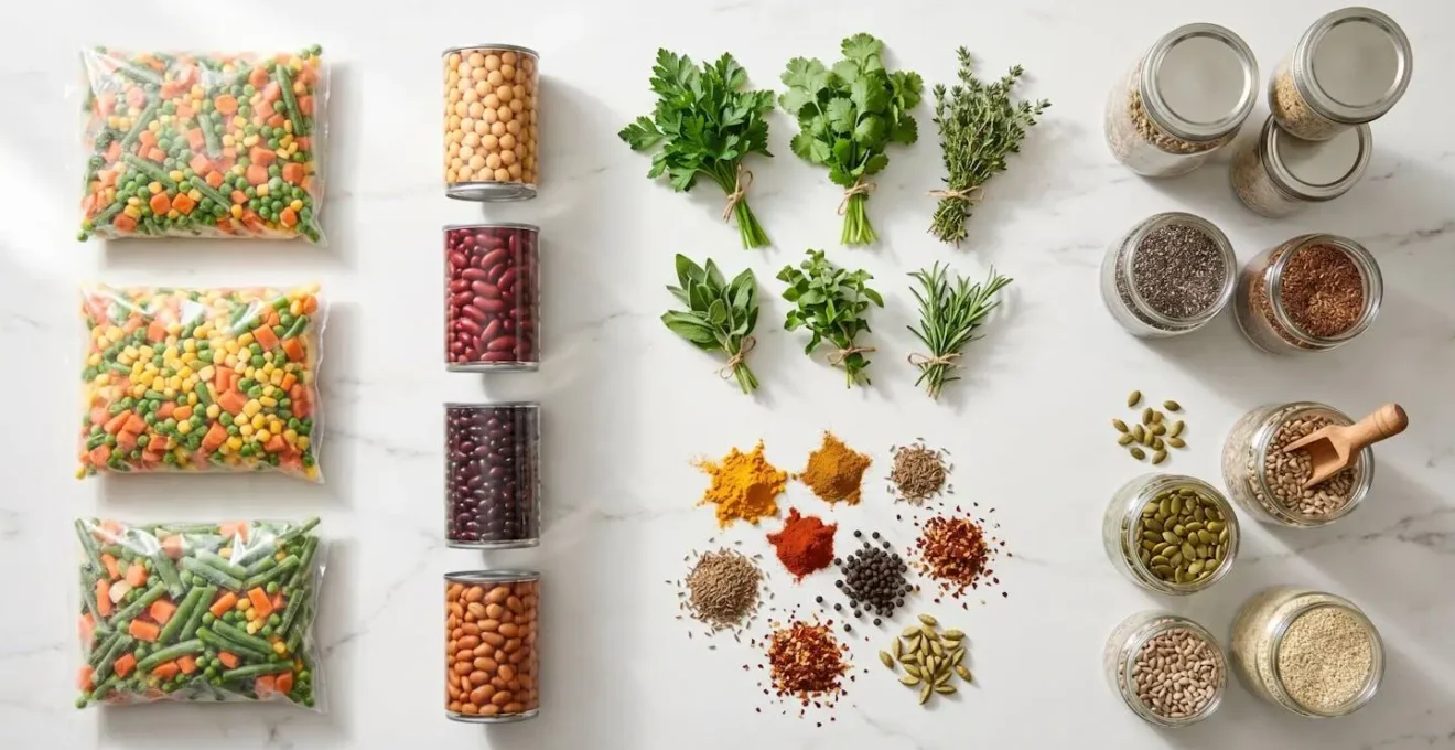 Overhead view of colorful plant-based ingredients arranged for meal preparation
