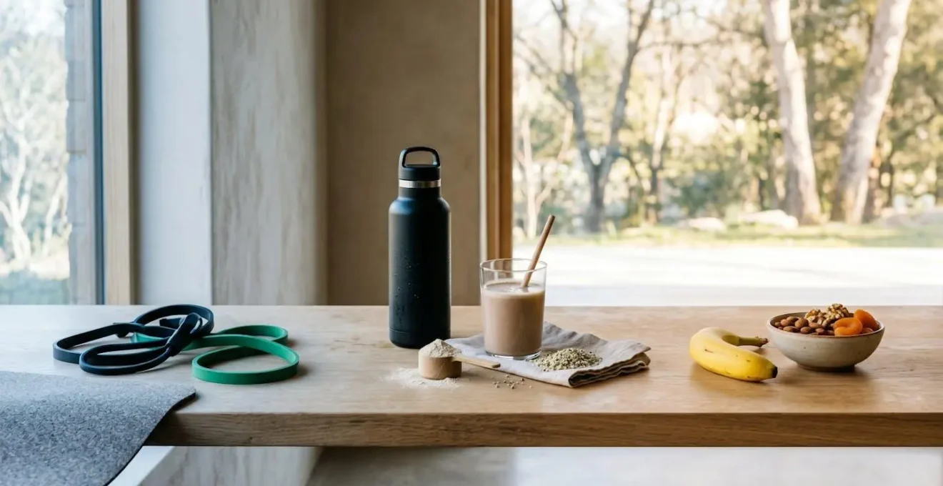 An athletic recovery scene showing workout equipment like resistance bands and recovery foods like a banana and nuts arranged to suggest a timeline.
