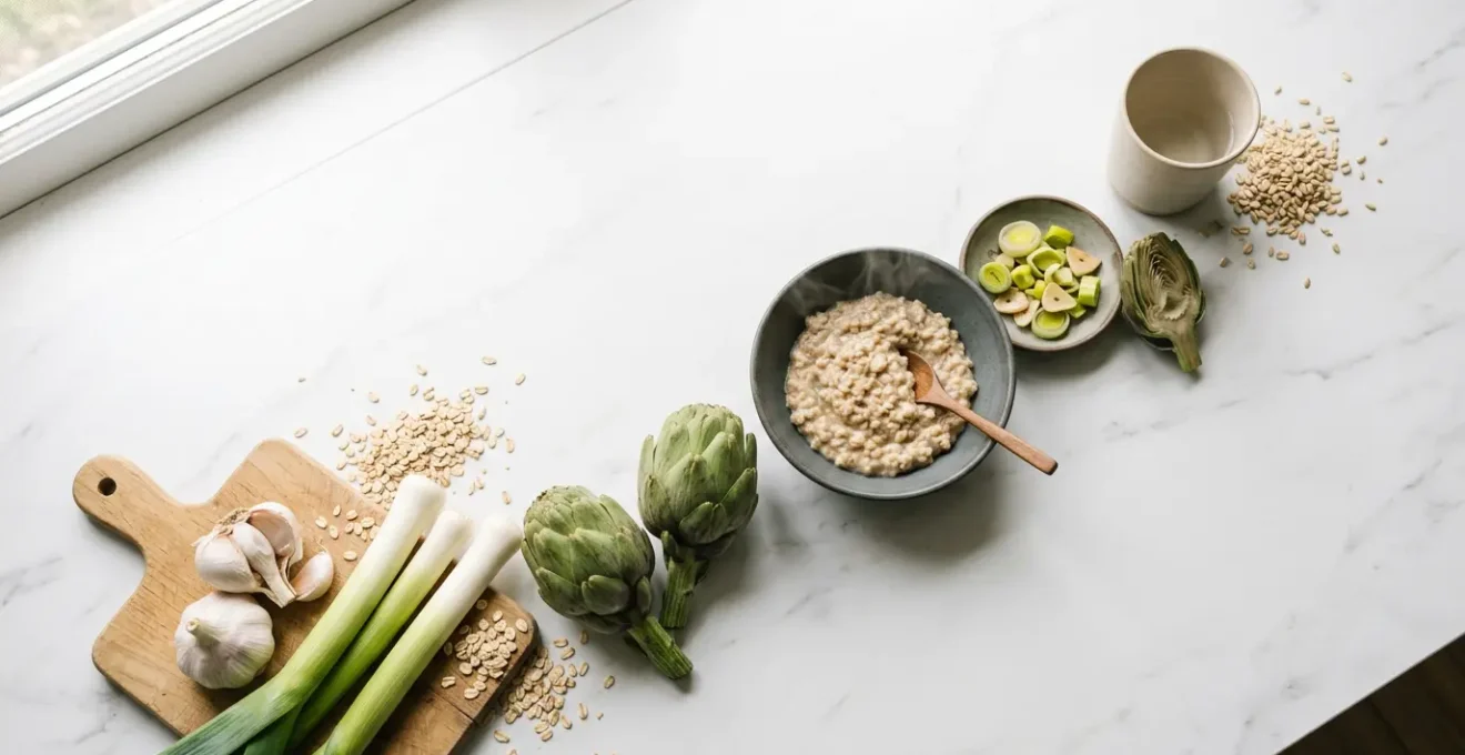 Diverse prebiotic-rich foods arranged in an artistic composition showing the journey from plate to gut