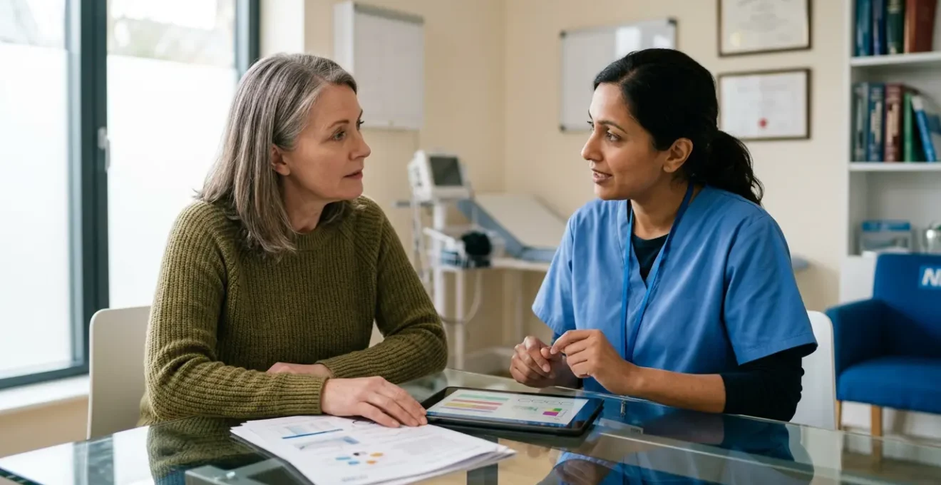 Patient and healthcare provider reviewing health screening options and test results in modern UK medical clinic