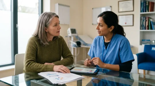 Patient and healthcare provider reviewing health screening options and test results in modern UK medical clinic