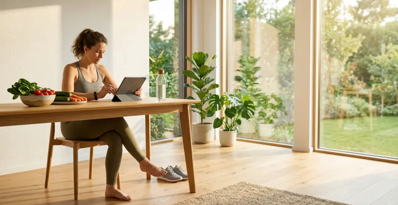 Person reviewing health data and monitoring vital signs in modern wellness environment