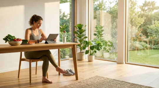 Person reviewing health data and monitoring vital signs in modern wellness environment