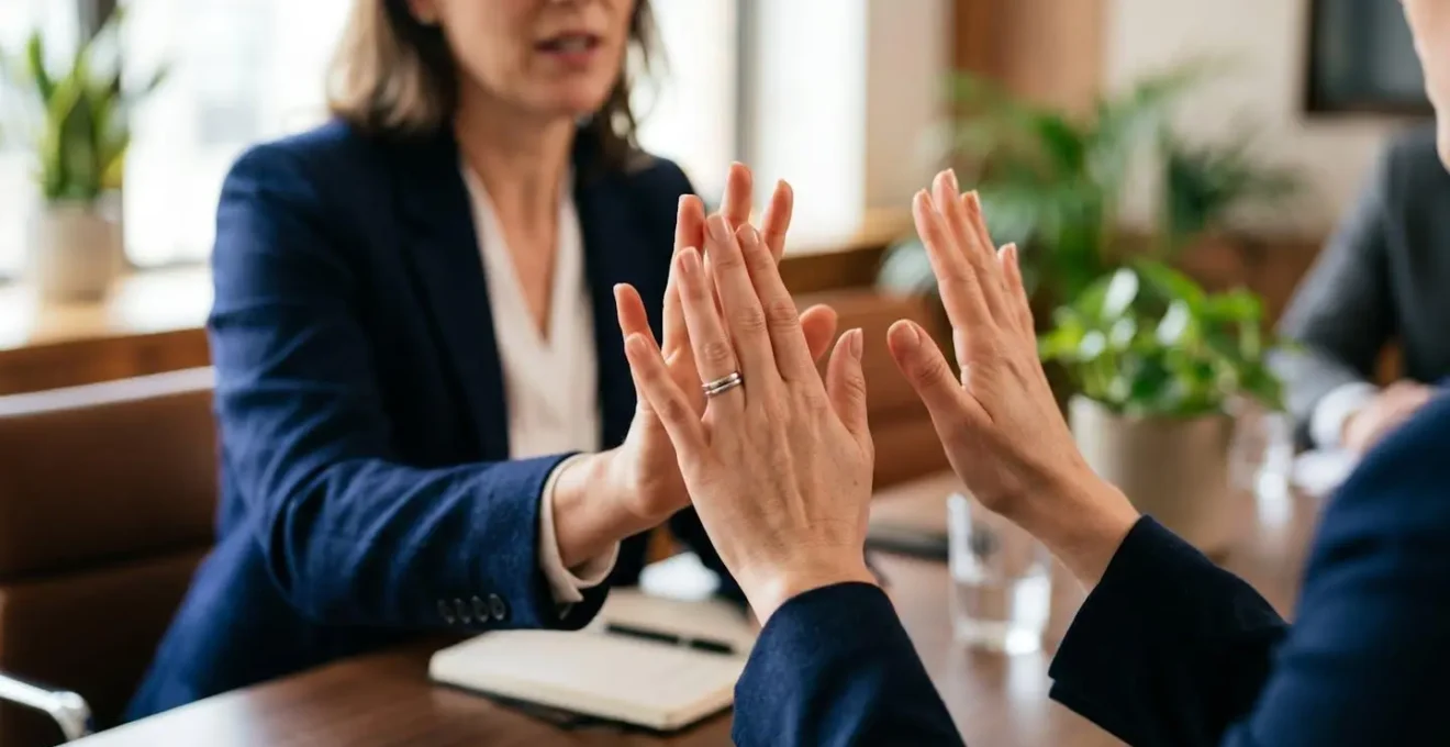 Professional setting boundaries at work through calm hand gesture in modern office environment