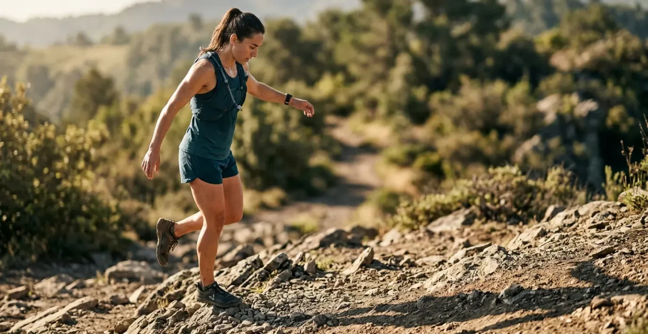 Athletic person performing single-leg balance exercise on uneven outdoor surface